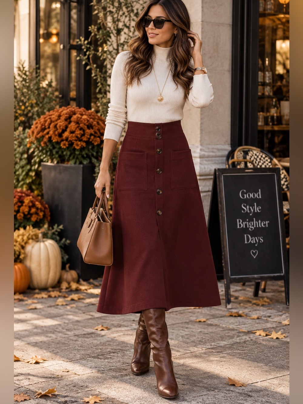 FROM PARIS FRANCE 🇫🇷 Button-Front Burgundy Midi Skirt with Pockets